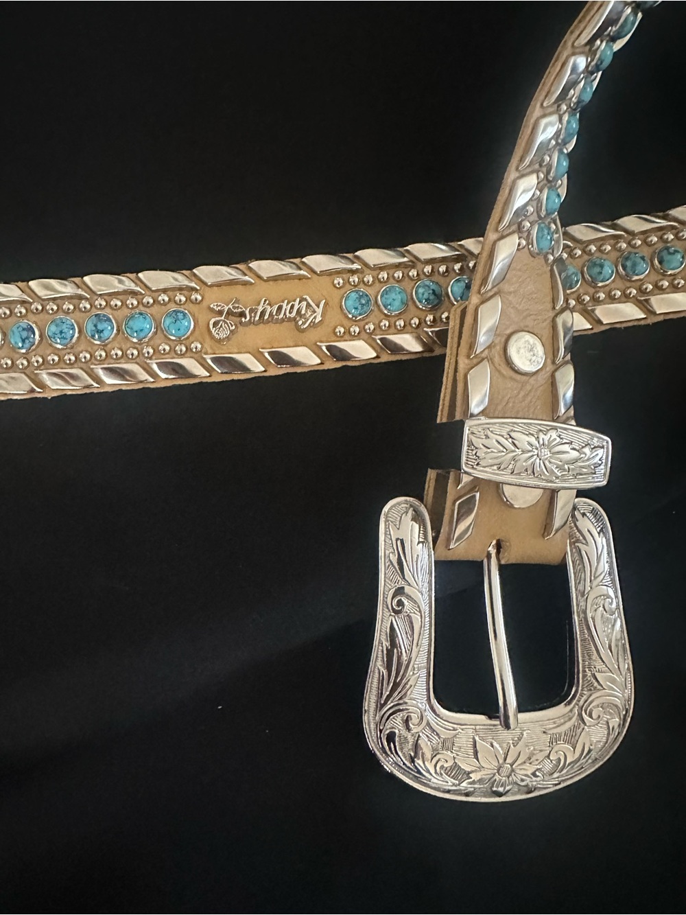 Kippys Tan Belt with Turquoise Stones and Engraved Silver Buckle - Picture 8 of 11